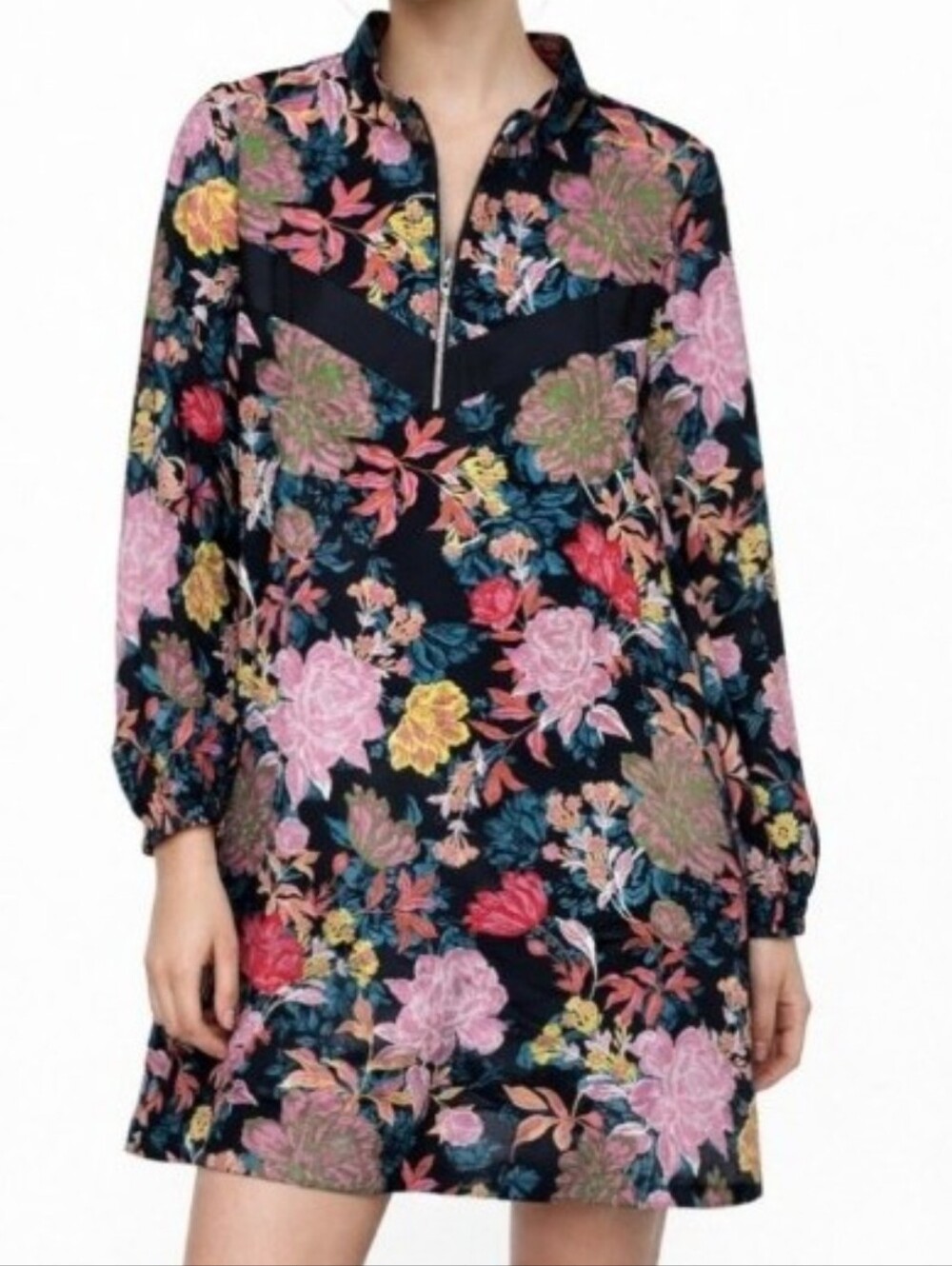 Zara Black Floral Zip-Front Ring Pull Mini Dress XS Relaxed